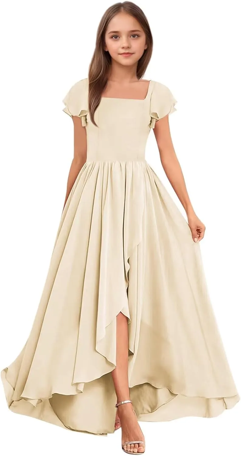 Square Neck Junior Bridesmaid Dresses Long Chiffon A Line Flower Girl Dress for Wedding