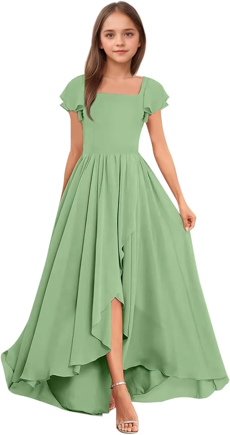 Square Neck Junior Bridesmaid Dresses Long Chiffon A Line Flower Girl Dress for Wedding