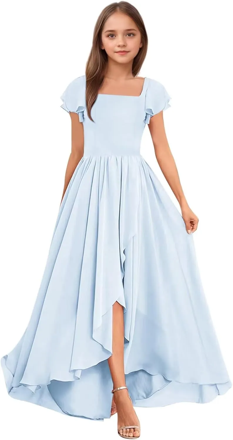 Square Neck Junior Bridesmaid Dresses Long Chiffon A Line Flower Girl Dress for Wedding