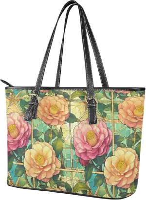 Stained Glass Art Leather Tote Bag for Women Shoulder Bag Wallet, Flowers Top Handle Satchel Tote Bag Purse
