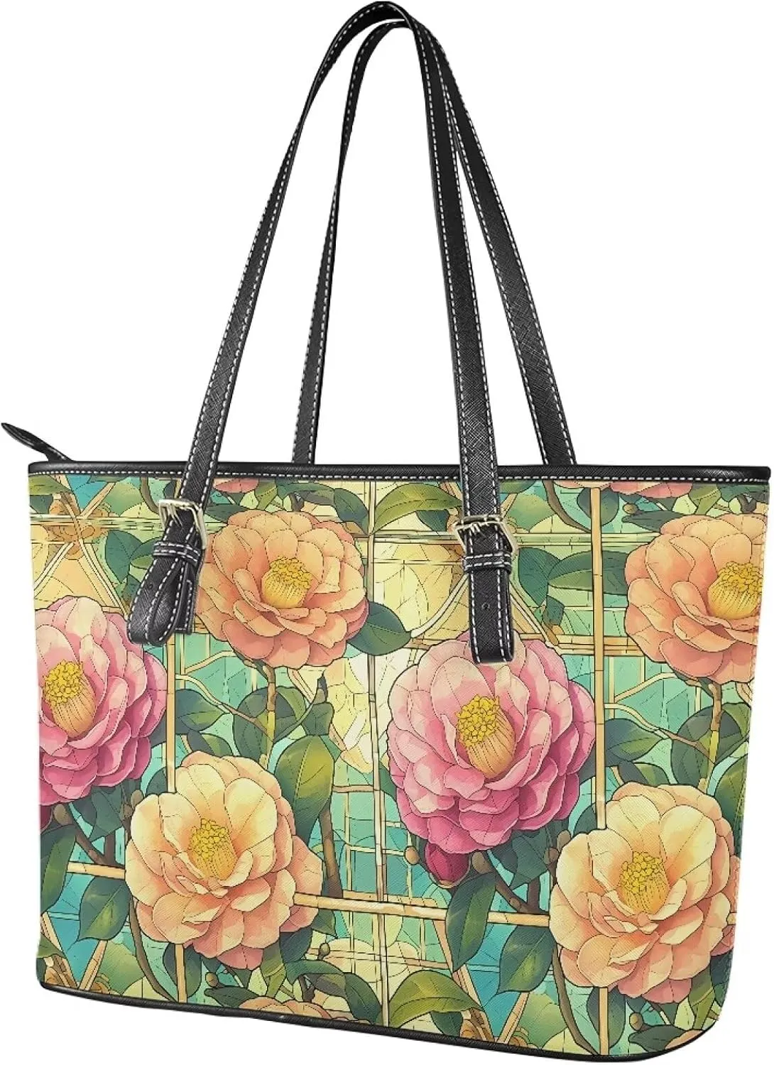 Stained Glass Art Leather Tote Bag for Women Shoulder Bag Wallet, Flowers Top Handle Satchel Tote Bag Purse
