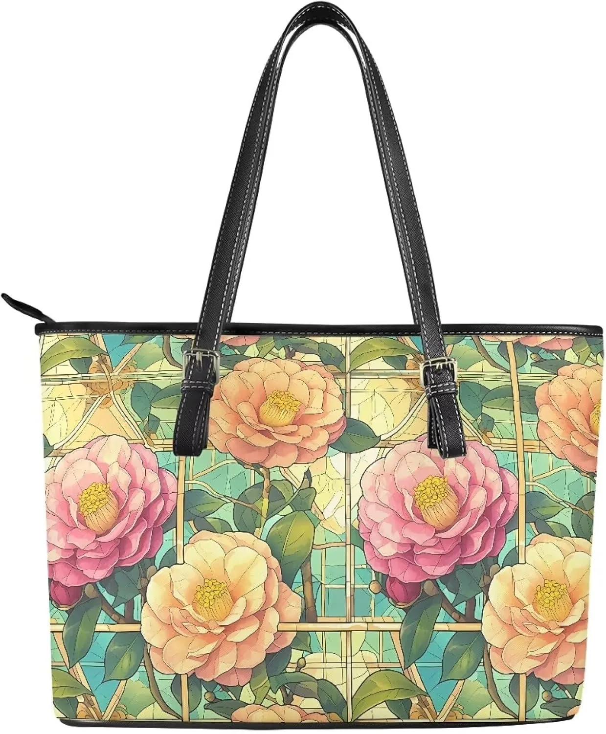 Stained Glass Art Leather Tote Bag for Women Shoulder Bag Wallet, Flowers Top Handle Satchel Tote Bag Purse