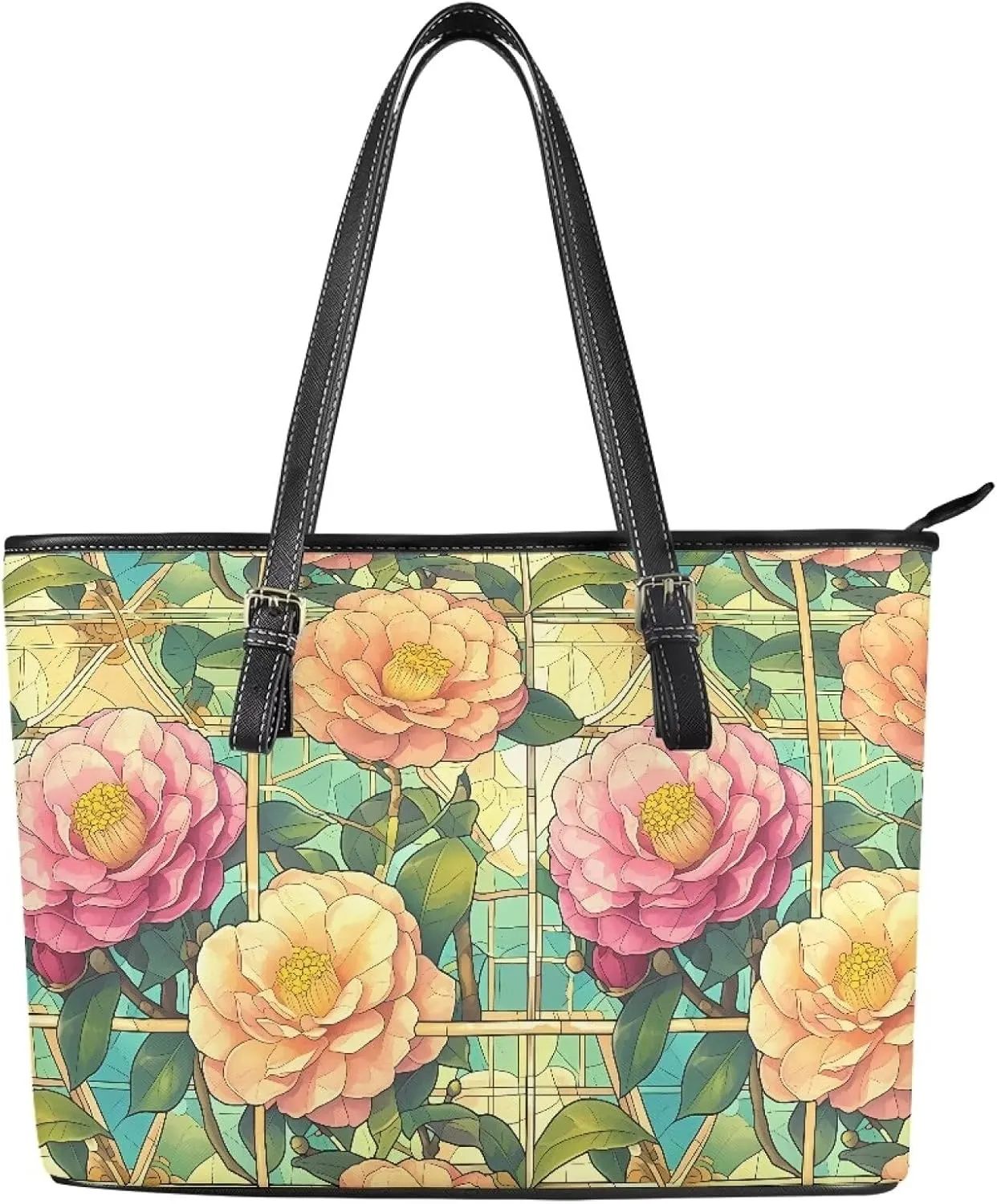 Stained Glass Art Leather Tote Bag for Women Shoulder Bag Wallet, Flowers Top Handle Satchel Tote Bag Purse