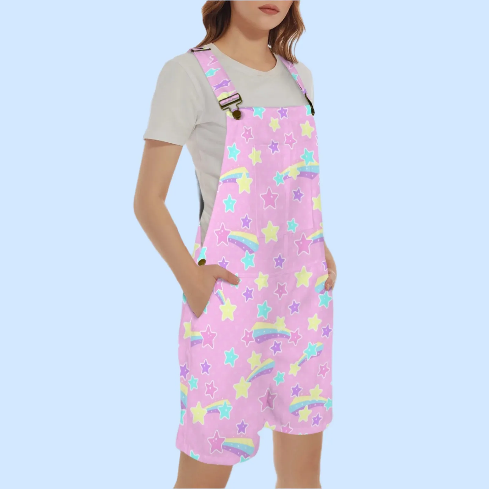 Starry Party Pink Unisex Shorts Overalls With Adjustable Straps And Pockets