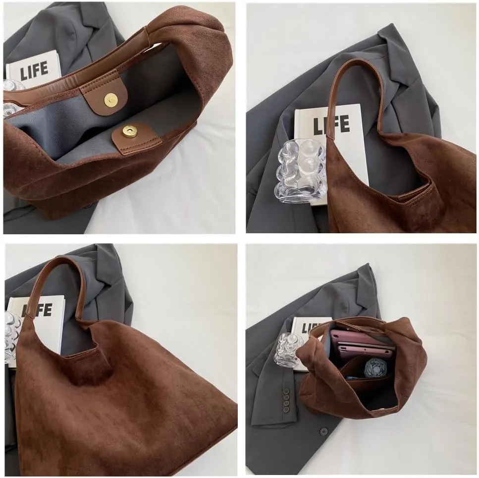 Suede Tote Bag for Women Stylish Handbag with Purse Hobo Slouchy Bag Carryall Daypack