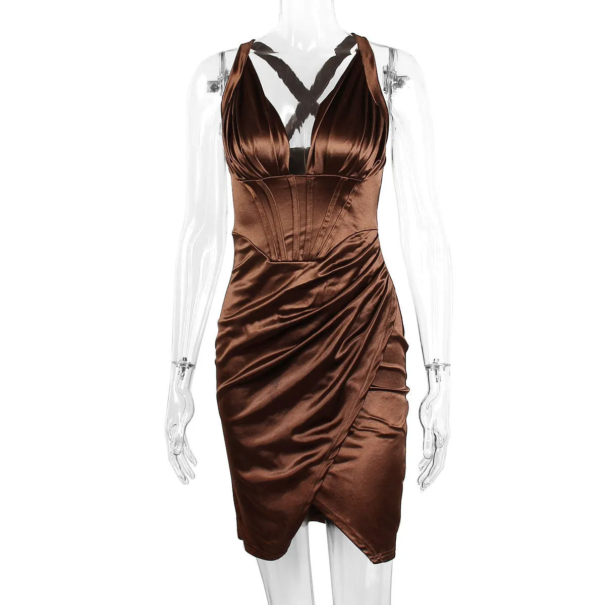 Sultry Charm Summer Deep V-neck Halter Pleated Dress