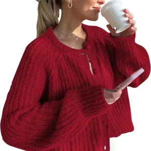 Sumleno Womens Open Front Button Down Sweater Long Sleeve Y2k Chunky Knit Cardigan Trendy Fall Outfits Casual Knitwear Coats