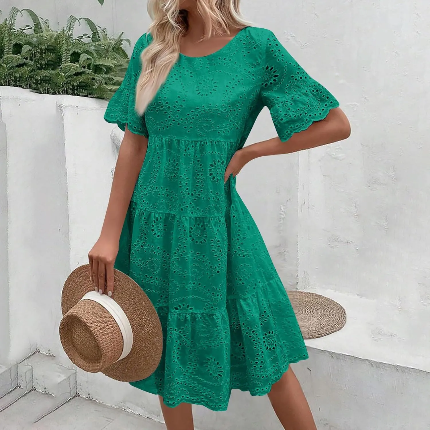 Summer Dresses for Women 2024 Round Neck Short Sleeve Skirt Embroidered Lace Hollow Out Dress Casual Clothes