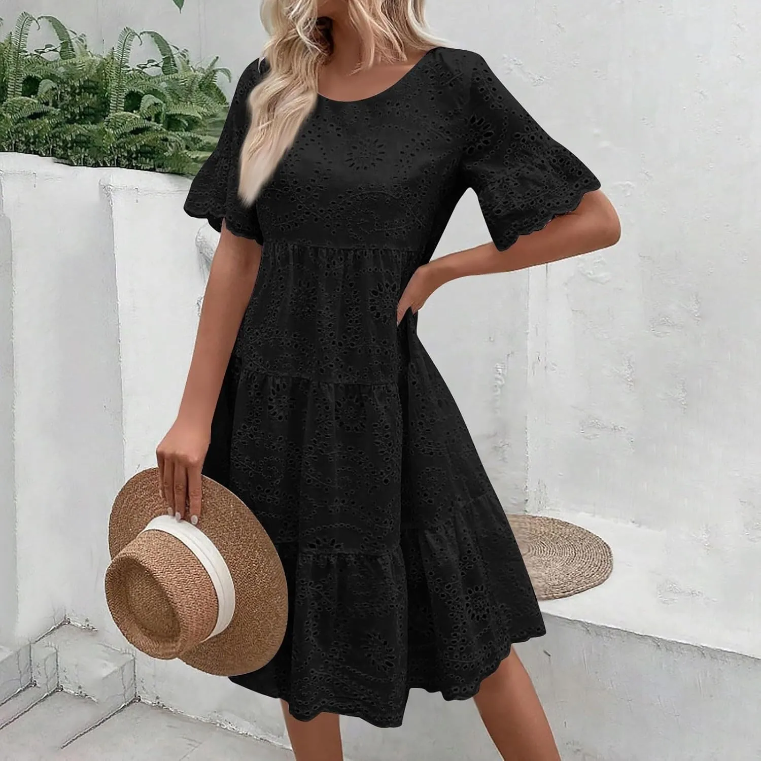 Summer Dresses for Women 2024 Round Neck Short Sleeve Skirt Embroidered Lace Hollow Out Dress Casual Clothes