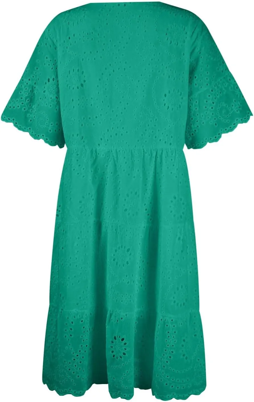 Summer Dresses for Women 2024 Round Neck Short Sleeve Skirt Embroidered Lace Hollow Out Dress Casual Clothes