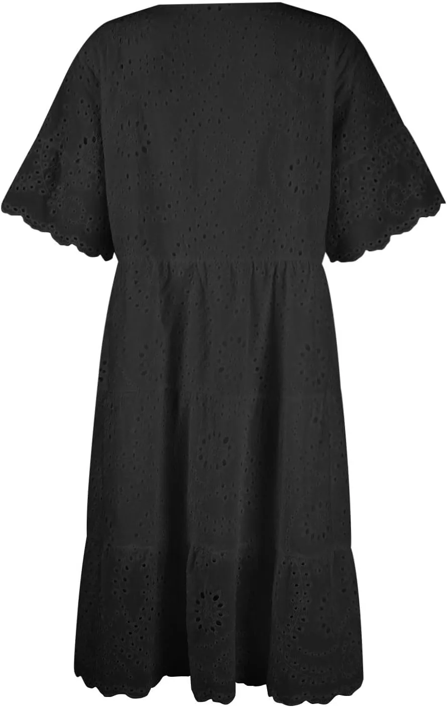 Summer Dresses for Women 2024 Round Neck Short Sleeve Skirt Embroidered Lace Hollow Out Dress Casual Clothes