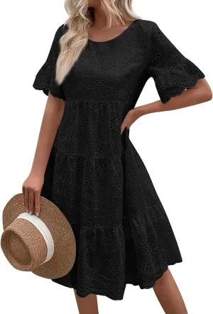 Summer Dresses for Women 2024 Round Neck Short Sleeve Skirt Embroidered Lace Hollow Out Dress Casual Clothes