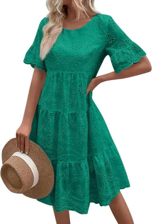 Summer Dresses for Women 2024 Round Neck Short Sleeve Skirt Embroidered Lace Hollow Out Dress Casual Clothes