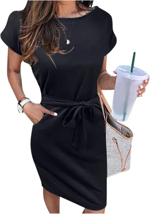 Summer Dresses for Women 2025 Trendy Casual Short Sleeve Tie Waisted Petite Sundress Party Vacation Resort Beach Wear