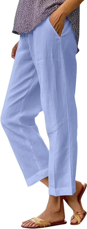 Summer Womens Linen Pants Casual Elastic Waist Baggy Trouser Solid Color Straight Leg Pants with Pockets