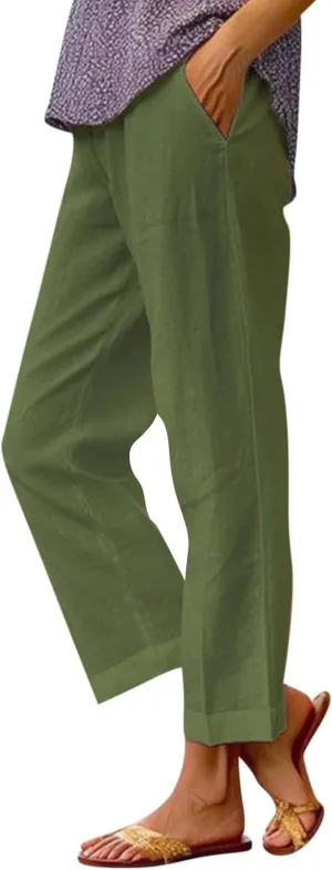 Summer Womens Linen Pants Casual Elastic Waist Baggy Trouser Solid Color Straight Leg Pants with Pockets