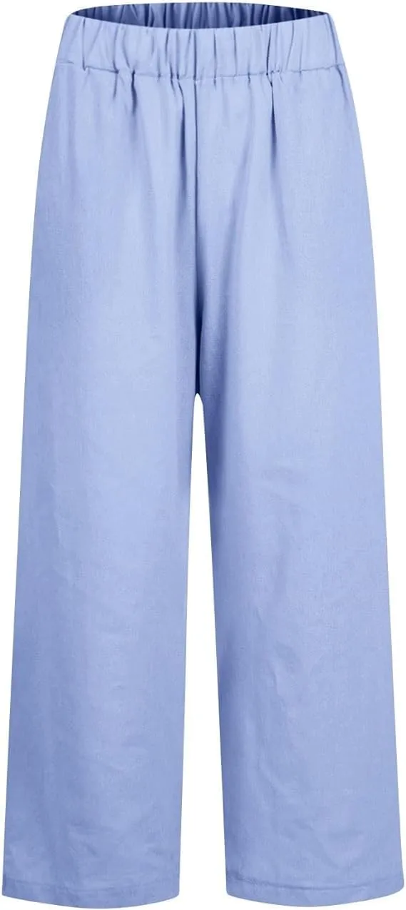 Summer Womens Linen Pants Casual Elastic Waist Baggy Trouser Solid Color Straight Leg Pants with Pockets