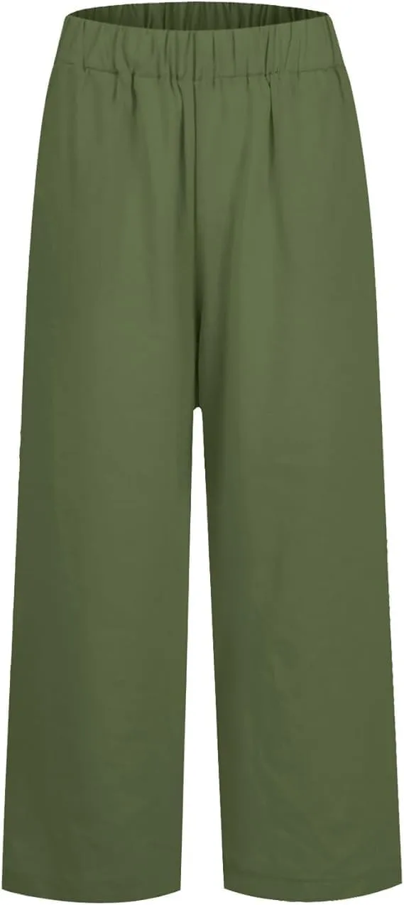 Summer Womens Linen Pants Casual Elastic Waist Baggy Trouser Solid Color Straight Leg Pants with Pockets