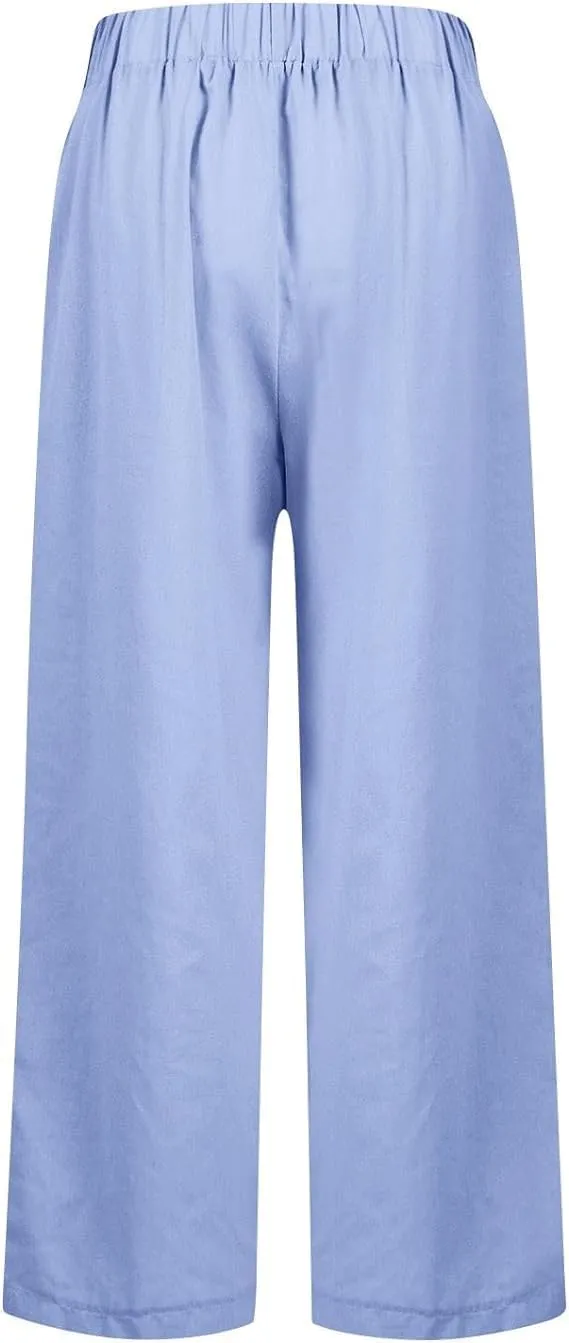Summer Womens Linen Pants Casual Elastic Waist Baggy Trouser Solid Color Straight Leg Pants with Pockets