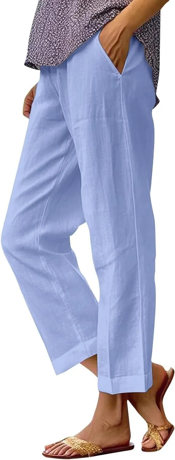 Summer Womens Linen Pants Casual Elastic Waist Baggy Trouser Solid Color Straight Leg Pants with Pockets