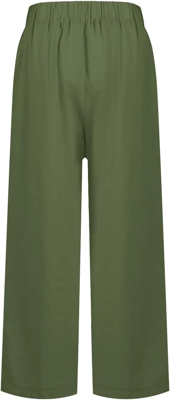 Summer Womens Linen Pants Casual Elastic Waist Baggy Trouser Solid Color Straight Leg Pants with Pockets