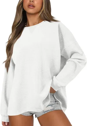 Sweatshirt for Women Loose Waffle Crew Neck Long Sleeve Pullover Tops Soft Oversized Workout Shirts Fall Clothes