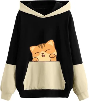 Sweatshirts for Women Trendy,Teen Girl Cute Cat Print Sweatshirt Long Sleeve Hoodies Color Block Hooded Fall Clothes