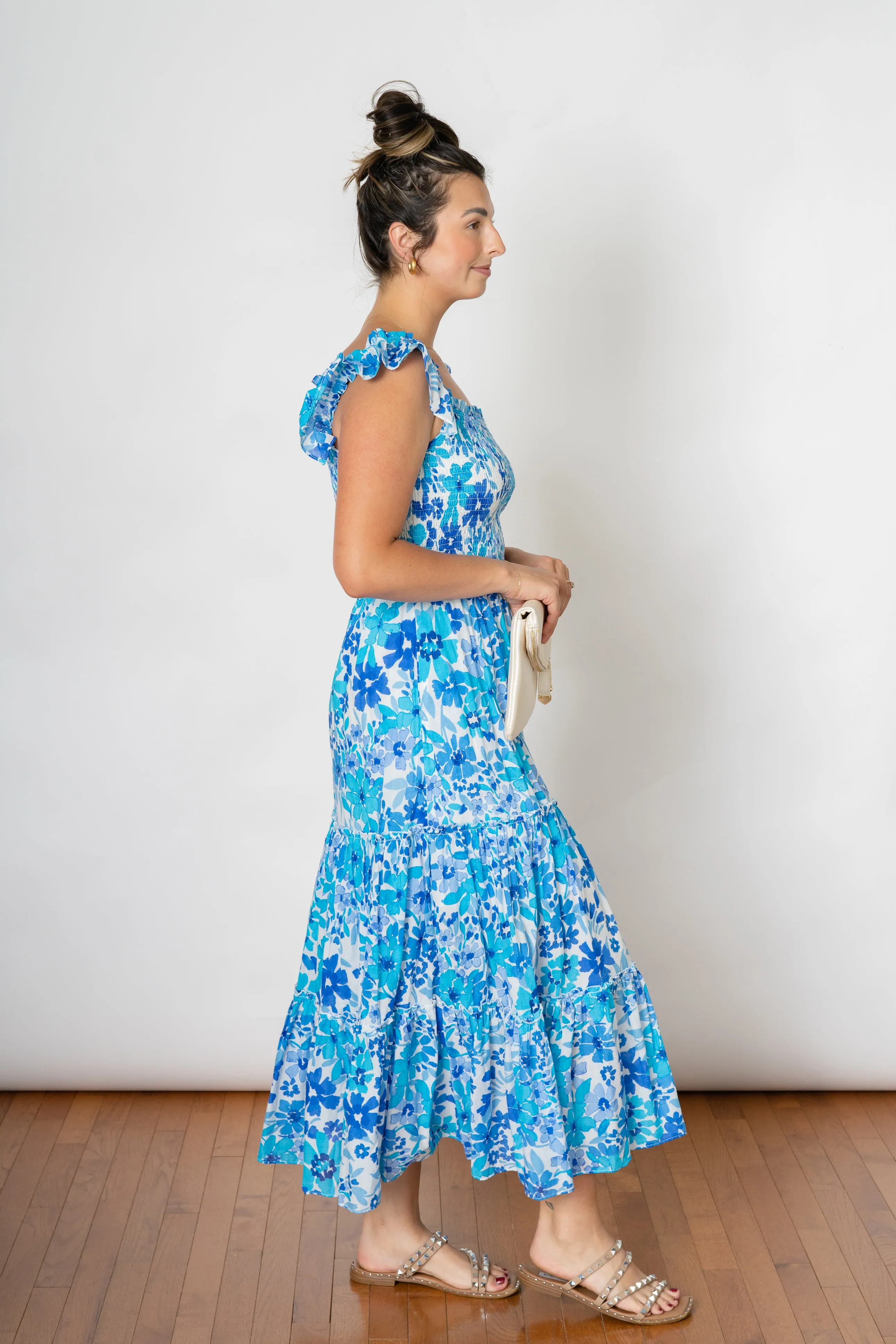 SWEET LOVE SMOCKED MAXI DRESS  -BLUE