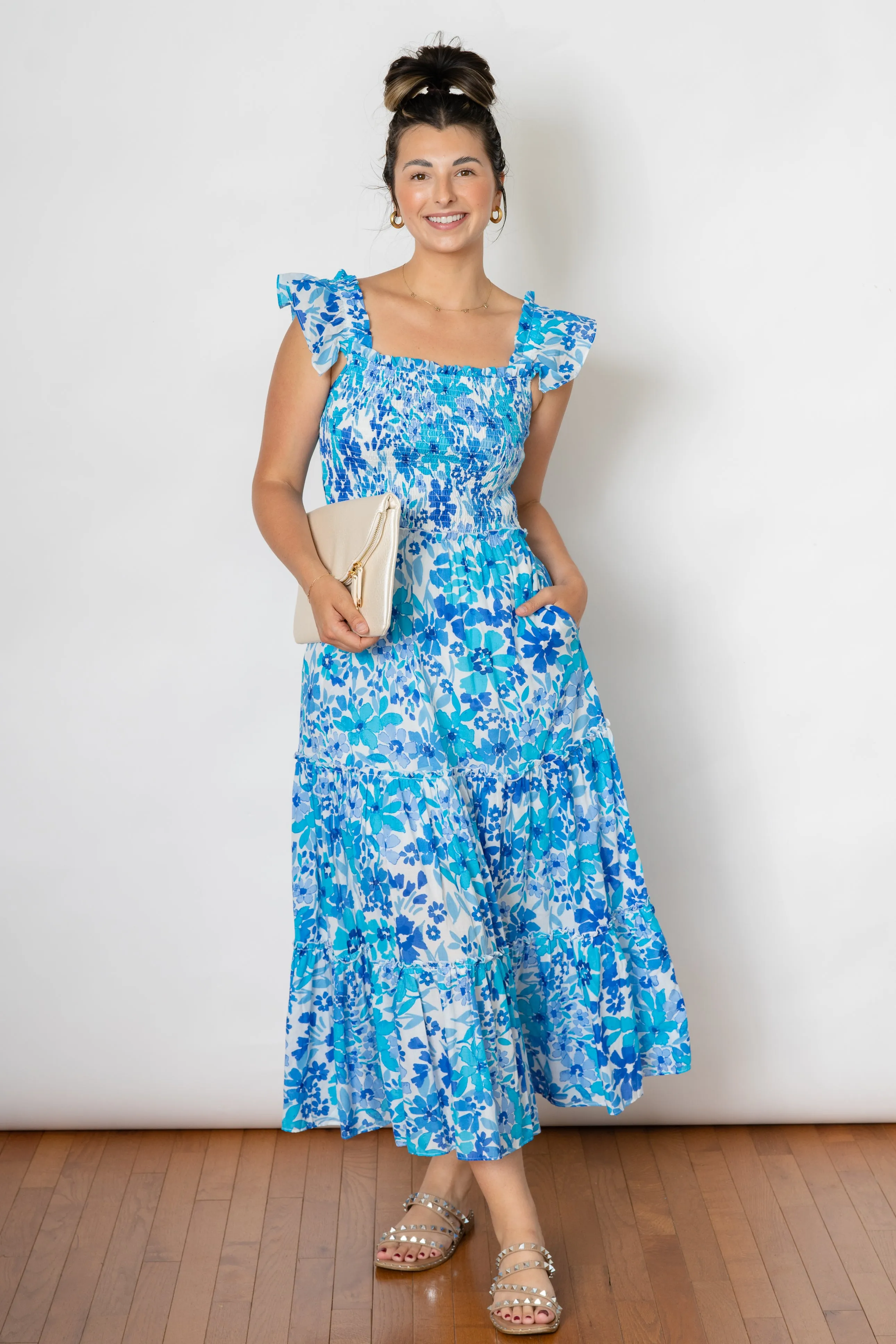 SWEET LOVE SMOCKED MAXI DRESS  -BLUE