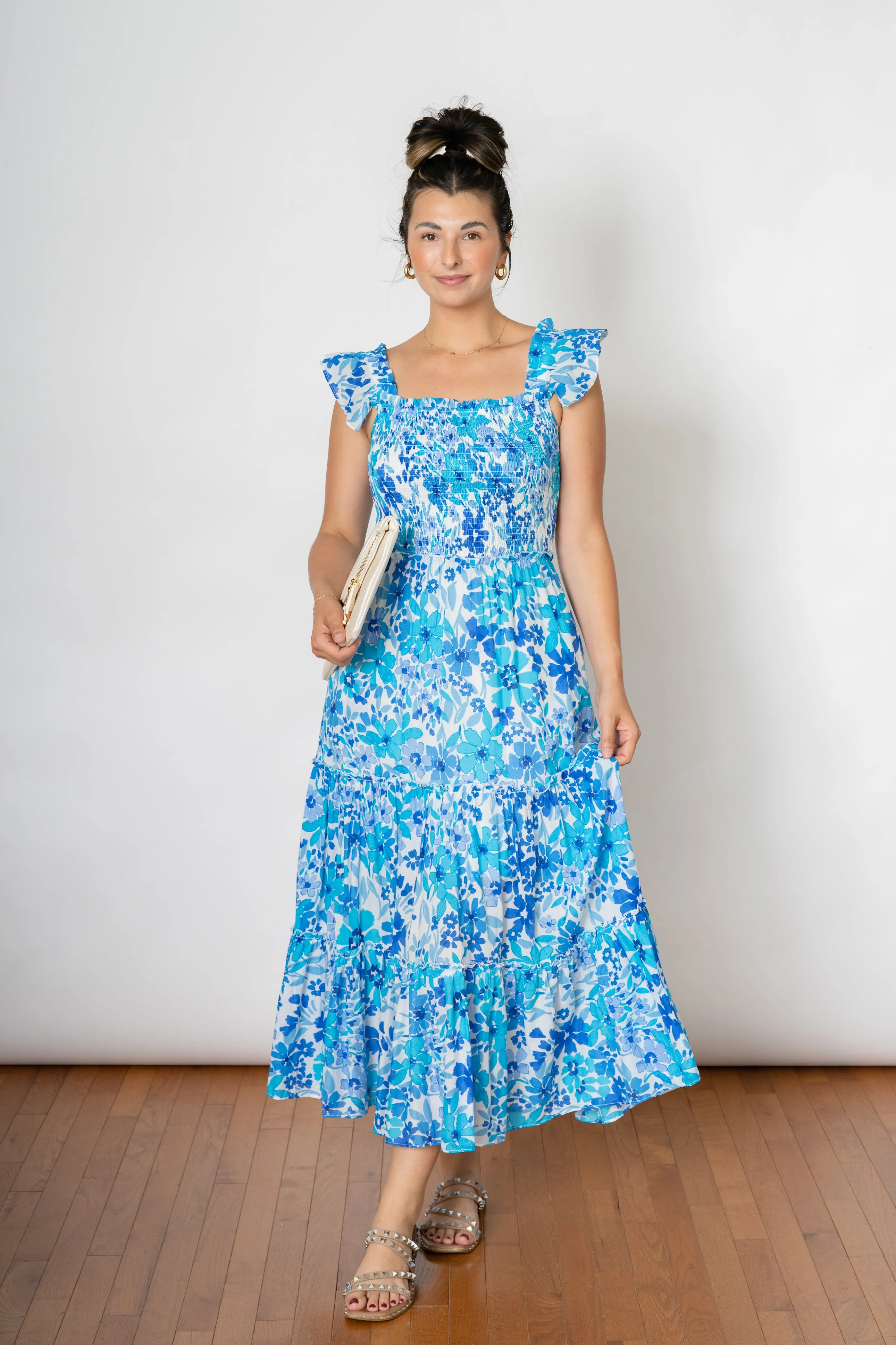 SWEET LOVE SMOCKED MAXI DRESS  -BLUE