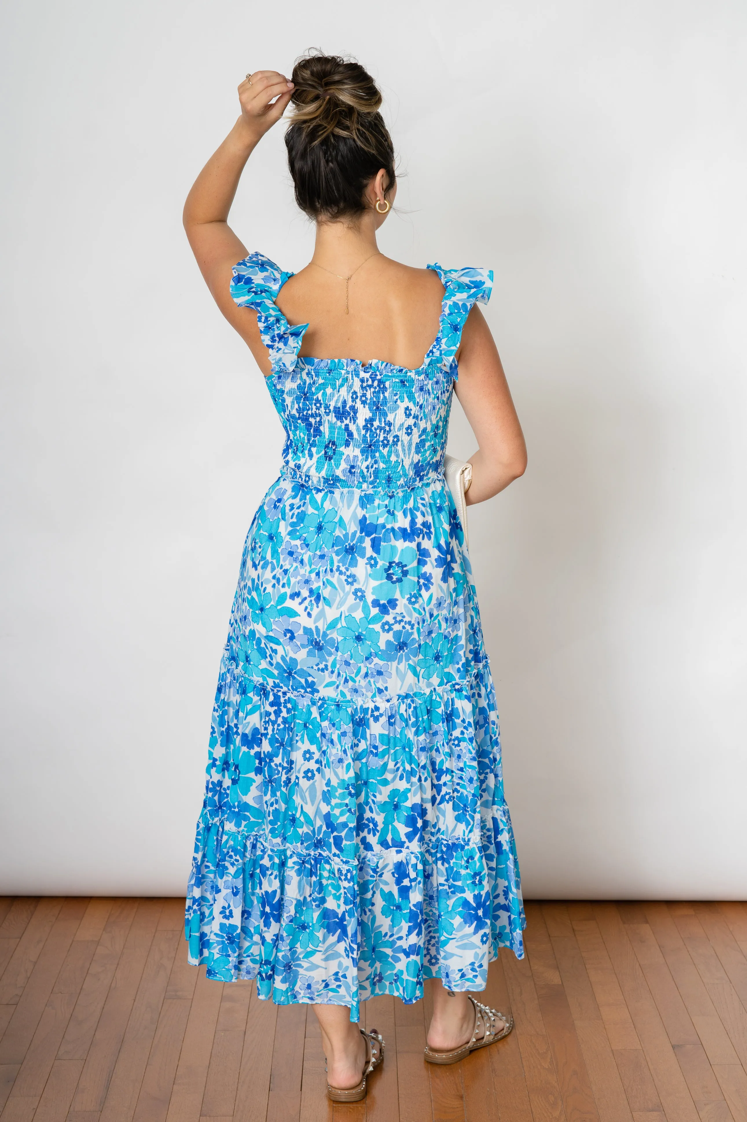 SWEET LOVE SMOCKED MAXI DRESS  -BLUE