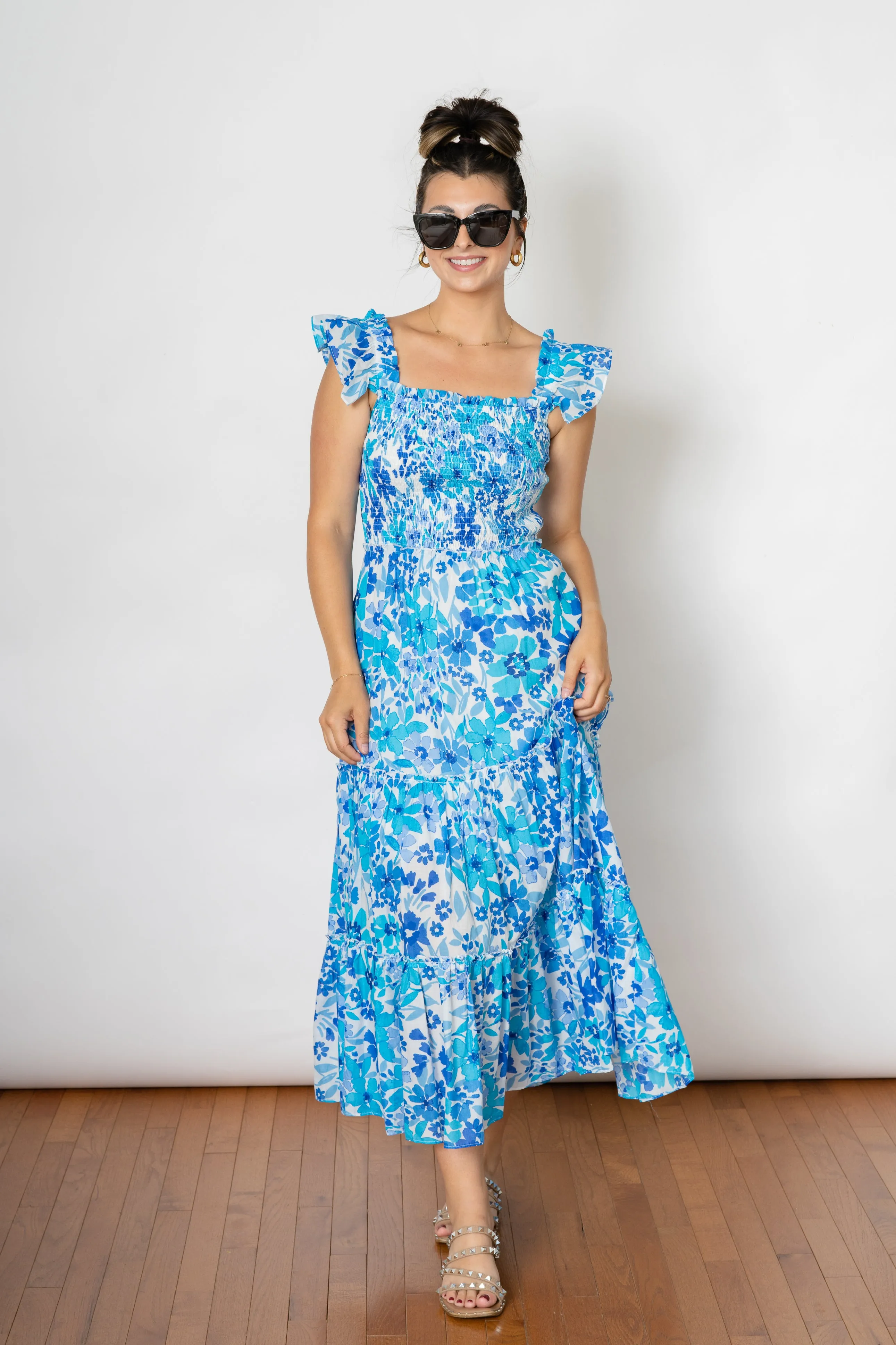 SWEET LOVE SMOCKED MAXI DRESS  -BLUE