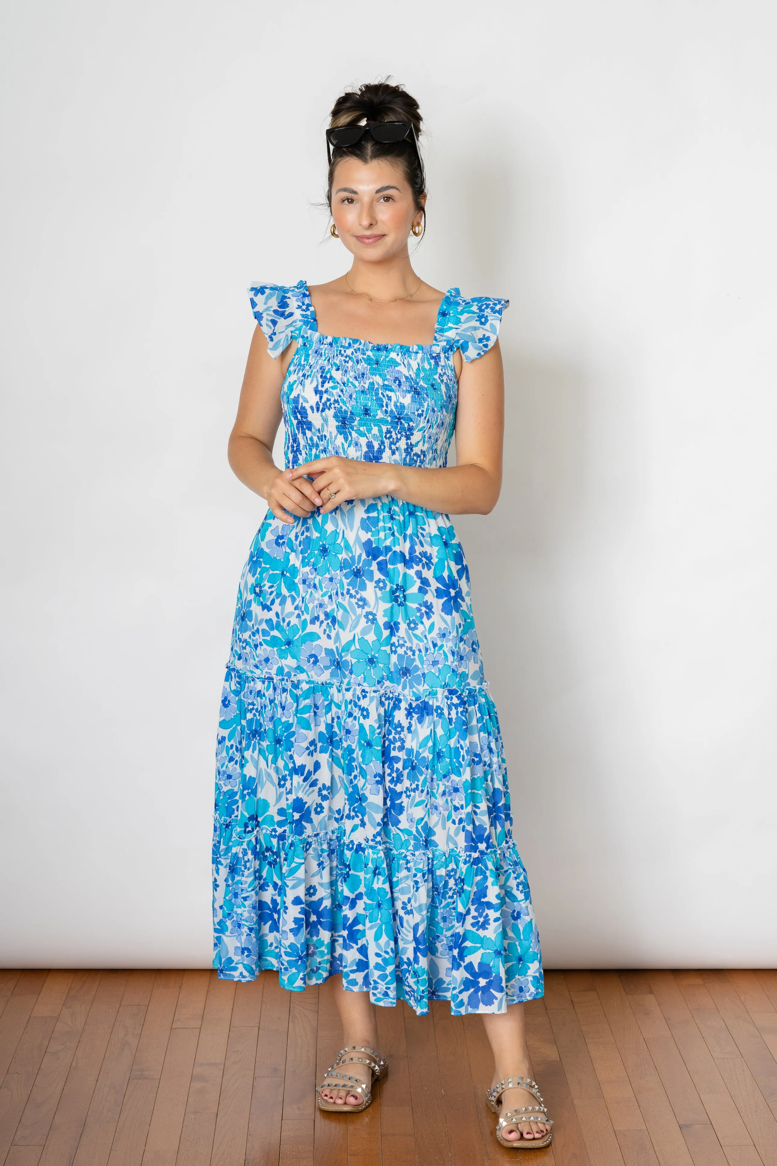 SWEET LOVE SMOCKED MAXI DRESS  -BLUE