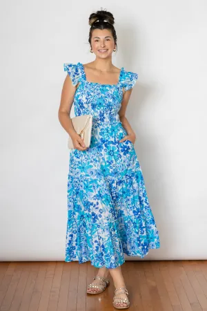 SWEET LOVE SMOCKED MAXI DRESS  -BLUE
