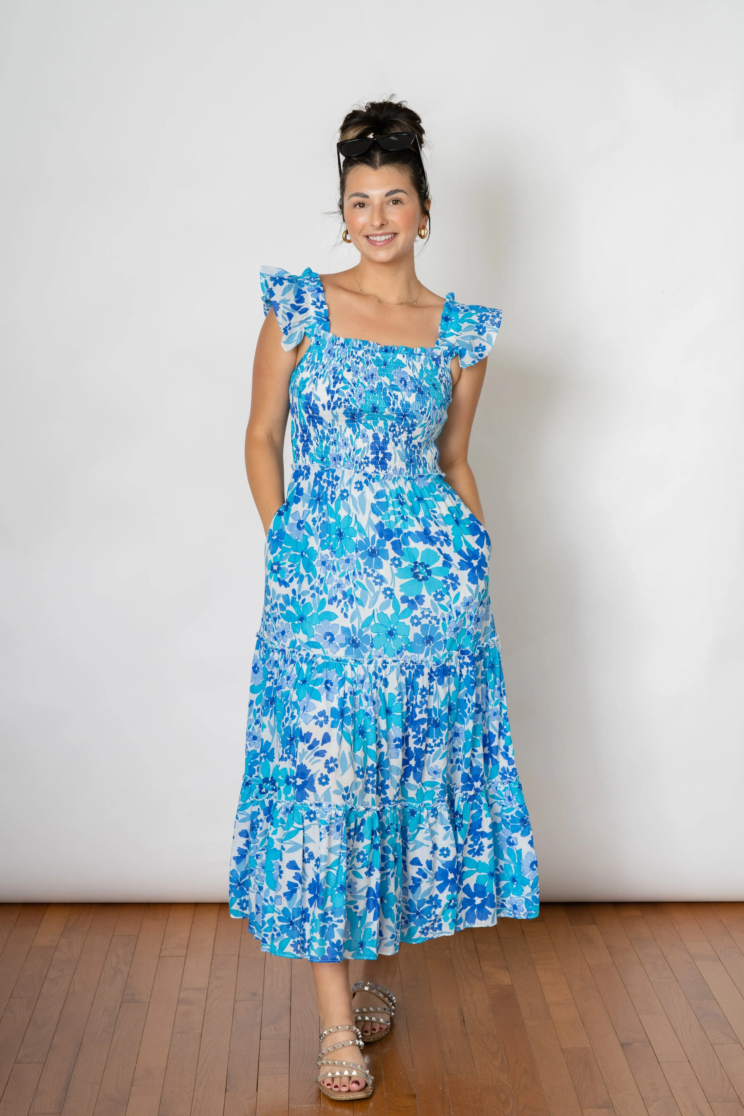 SWEET LOVE SMOCKED MAXI DRESS  -BLUE