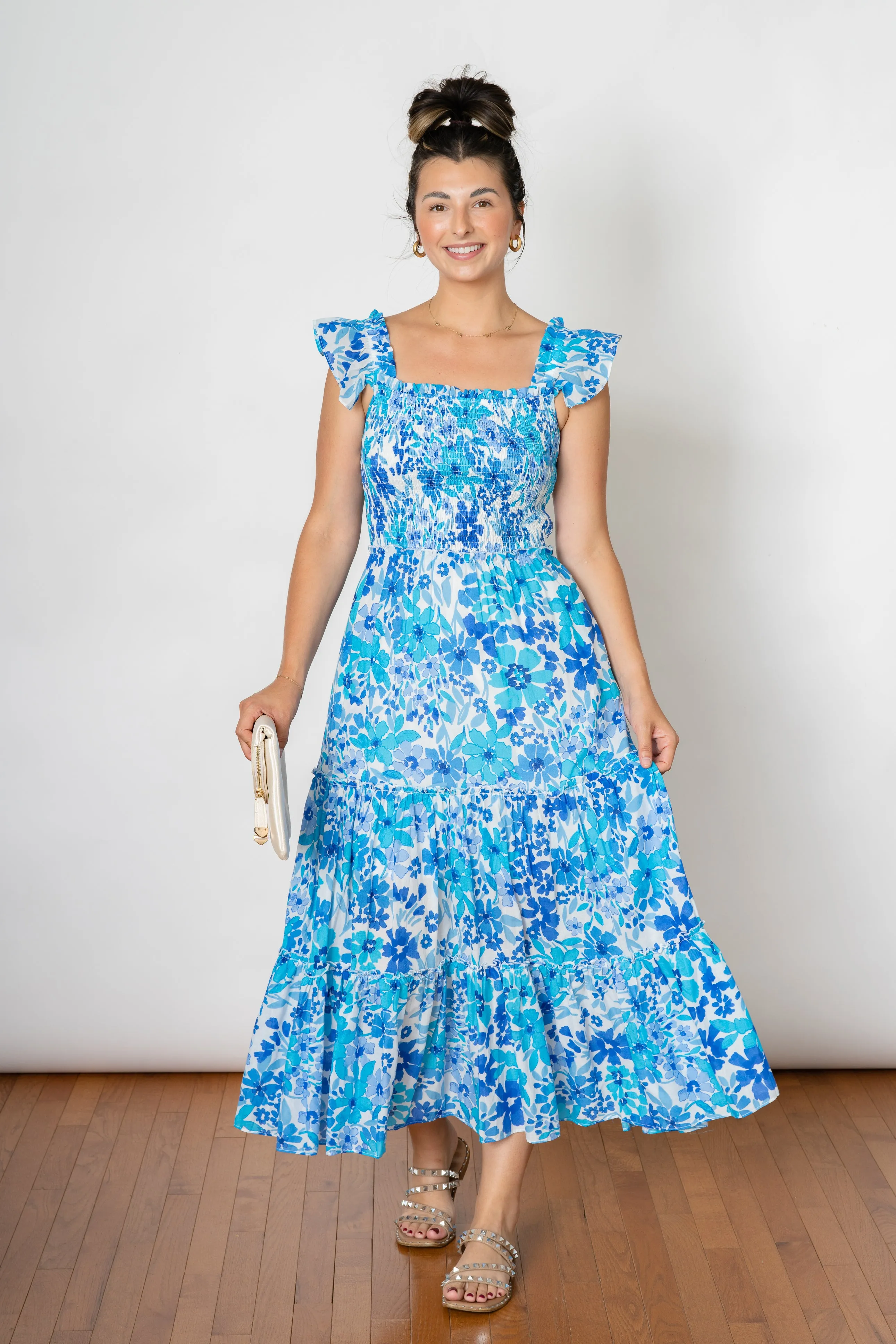 SWEET LOVE SMOCKED MAXI DRESS  -BLUE