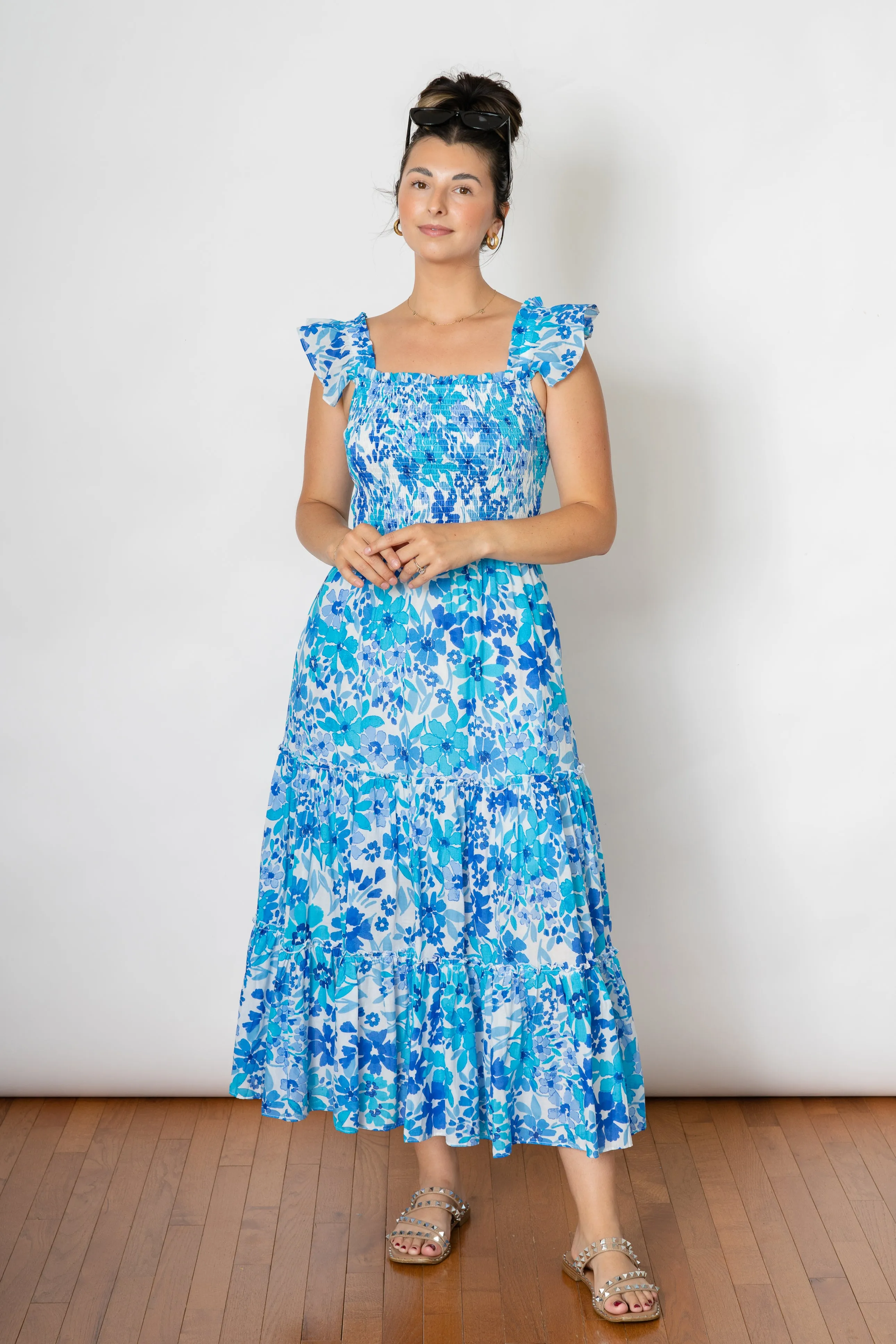 SWEET LOVE SMOCKED MAXI DRESS  -BLUE