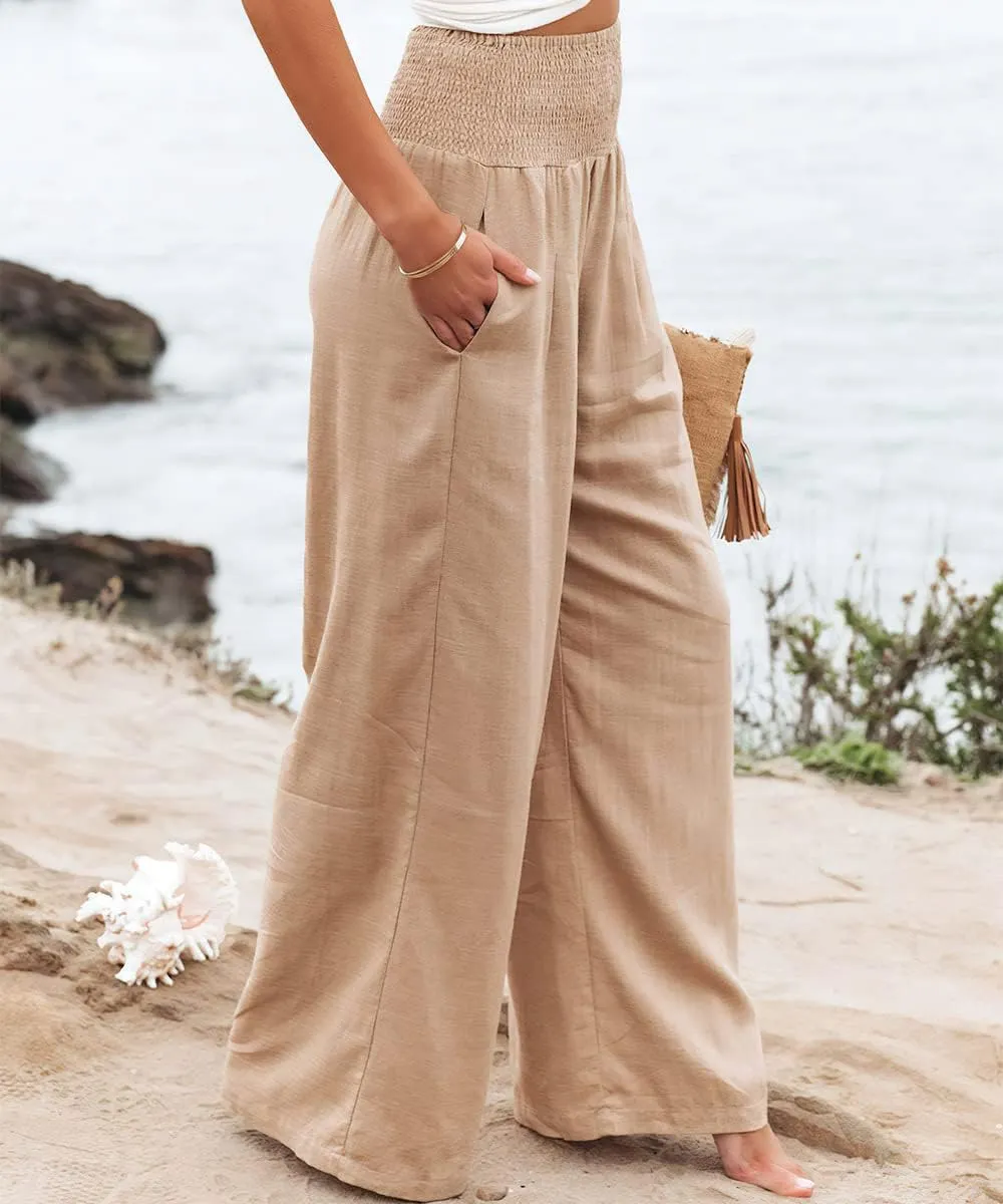 sysinside Womens Cotton Linen Pants Wide Leg High Waist Long Palazzo Trousers with Pocket
