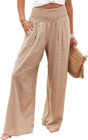 sysinside Womens Cotton Linen Pants Wide Leg High Waist Long Palazzo Trousers with Pocket
