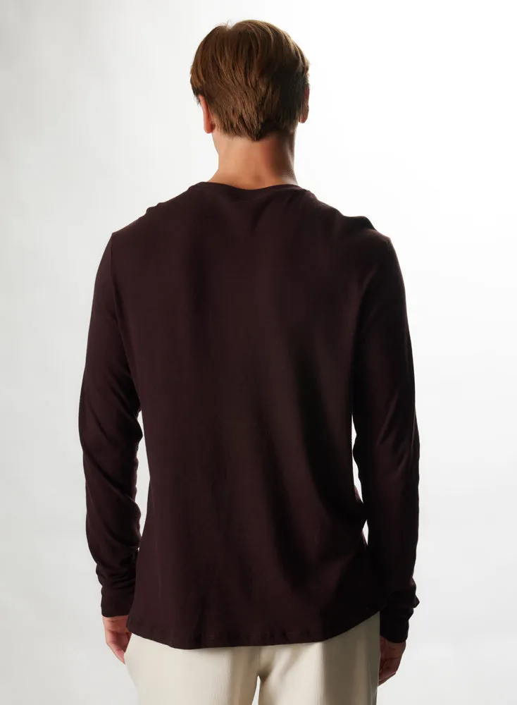 T-shirt Aubergine Col Rond Manches Longues en Coton et Cachemire