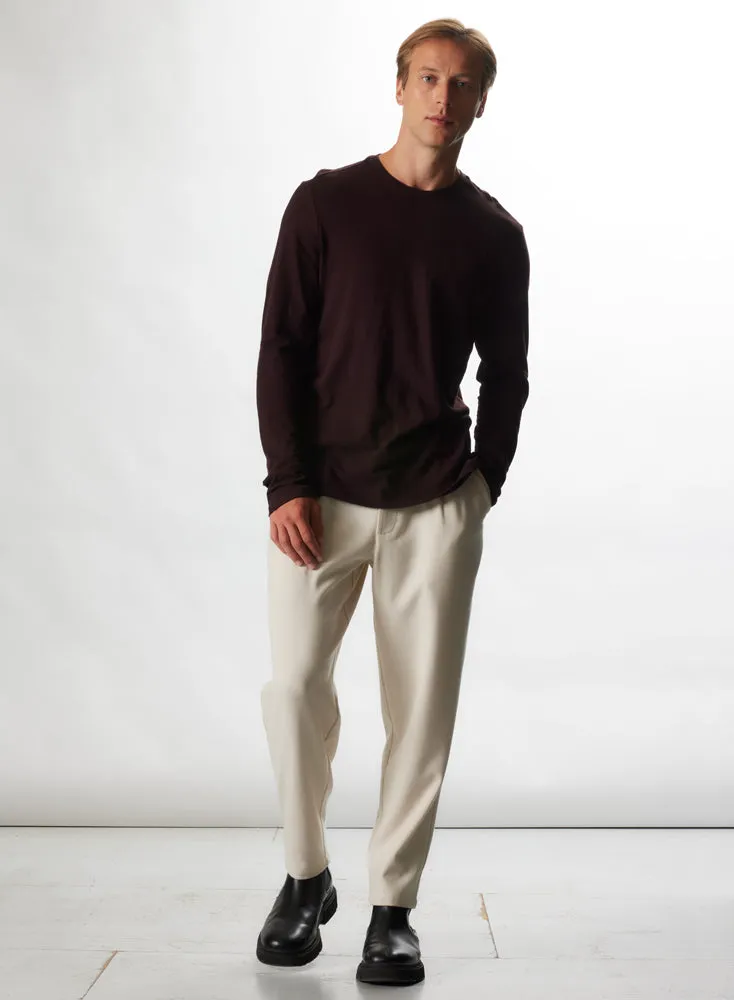 T-shirt Aubergine Col Rond Manches Longues en Coton et Cachemire