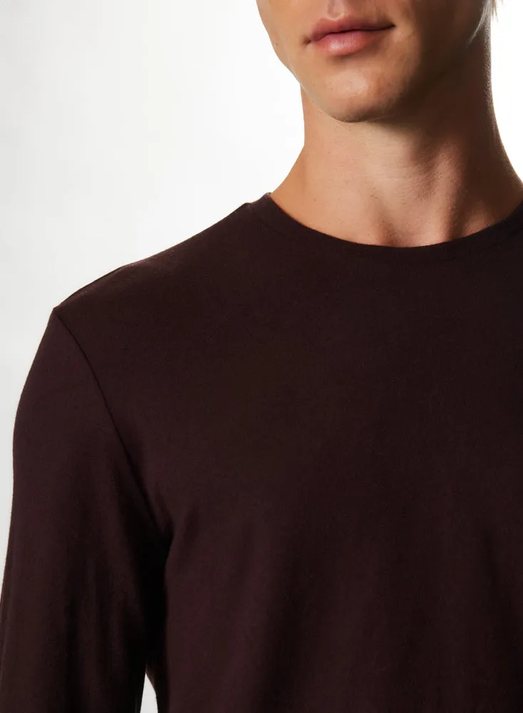 T-shirt Aubergine Col Rond Manches Longues en Coton et Cachemire