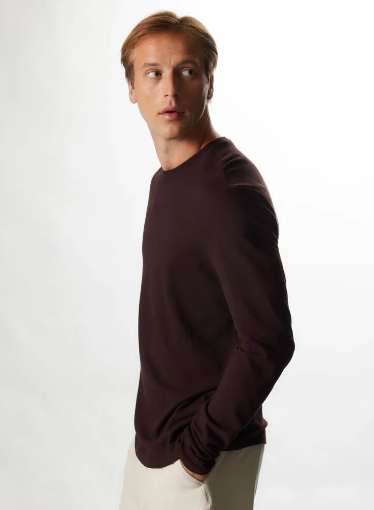 T-shirt Aubergine Col Rond Manches Longues en Coton et Cachemire