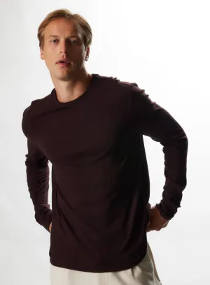 T-shirt Aubergine Col Rond Manches Longues en Coton et Cachemire