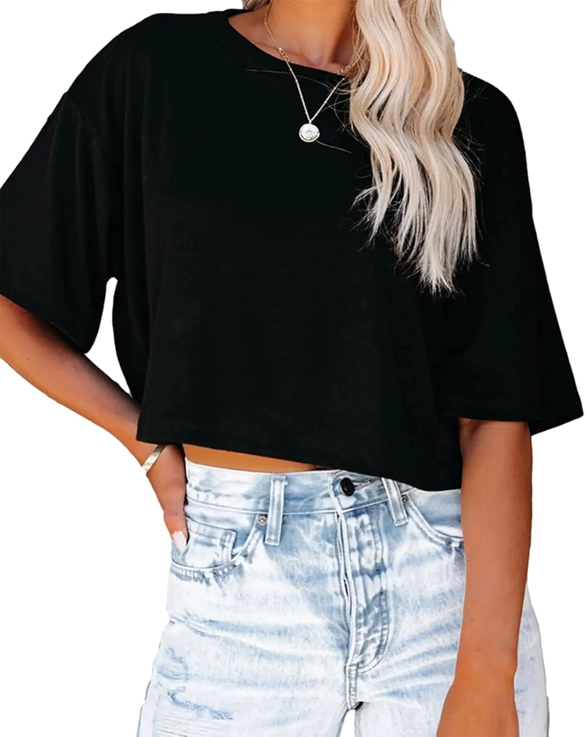 Tankaneo Women Half Sleeve Cropped T-Shirts Drop Shoulder Round Neck Crop Tops Casual Summer Solid Color Basic Tees