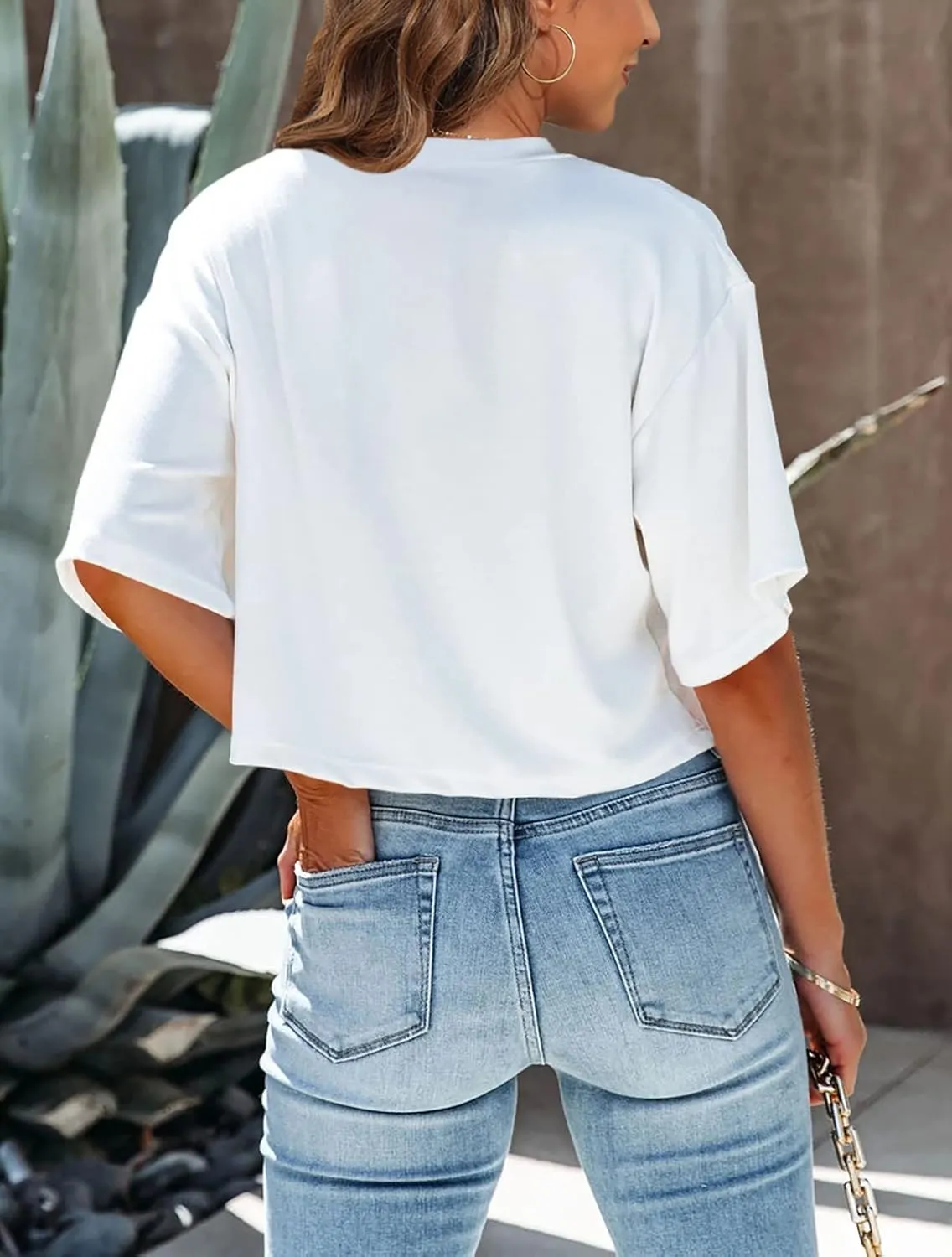 Tankaneo Women Half Sleeve Cropped T-Shirts Drop Shoulder Round Neck Crop Tops Casual Summer Solid Color Basic Tees