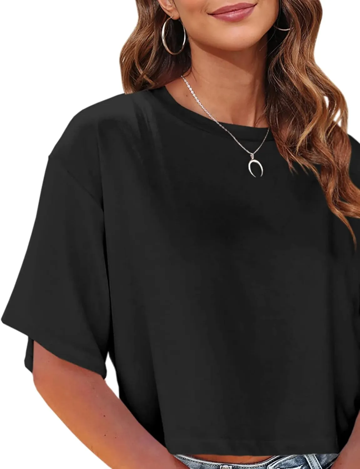 Tankaneo Women Half Sleeve Cropped T-Shirts Drop Shoulder Round Neck Crop Tops Casual Summer Solid Color Basic Tees