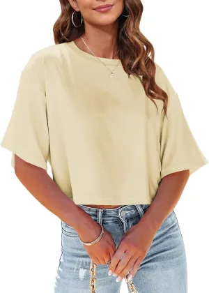 Tankaneo Women Half Sleeve Cropped T-Shirts Drop Shoulder Round Neck Crop Tops Casual Summer Solid Color Basic Tees