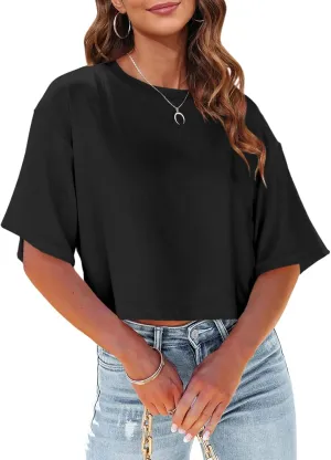 Tankaneo Women Half Sleeve Cropped T-Shirts Drop Shoulder Round Neck Crop Tops Casual Summer Solid Color Basic Tees
