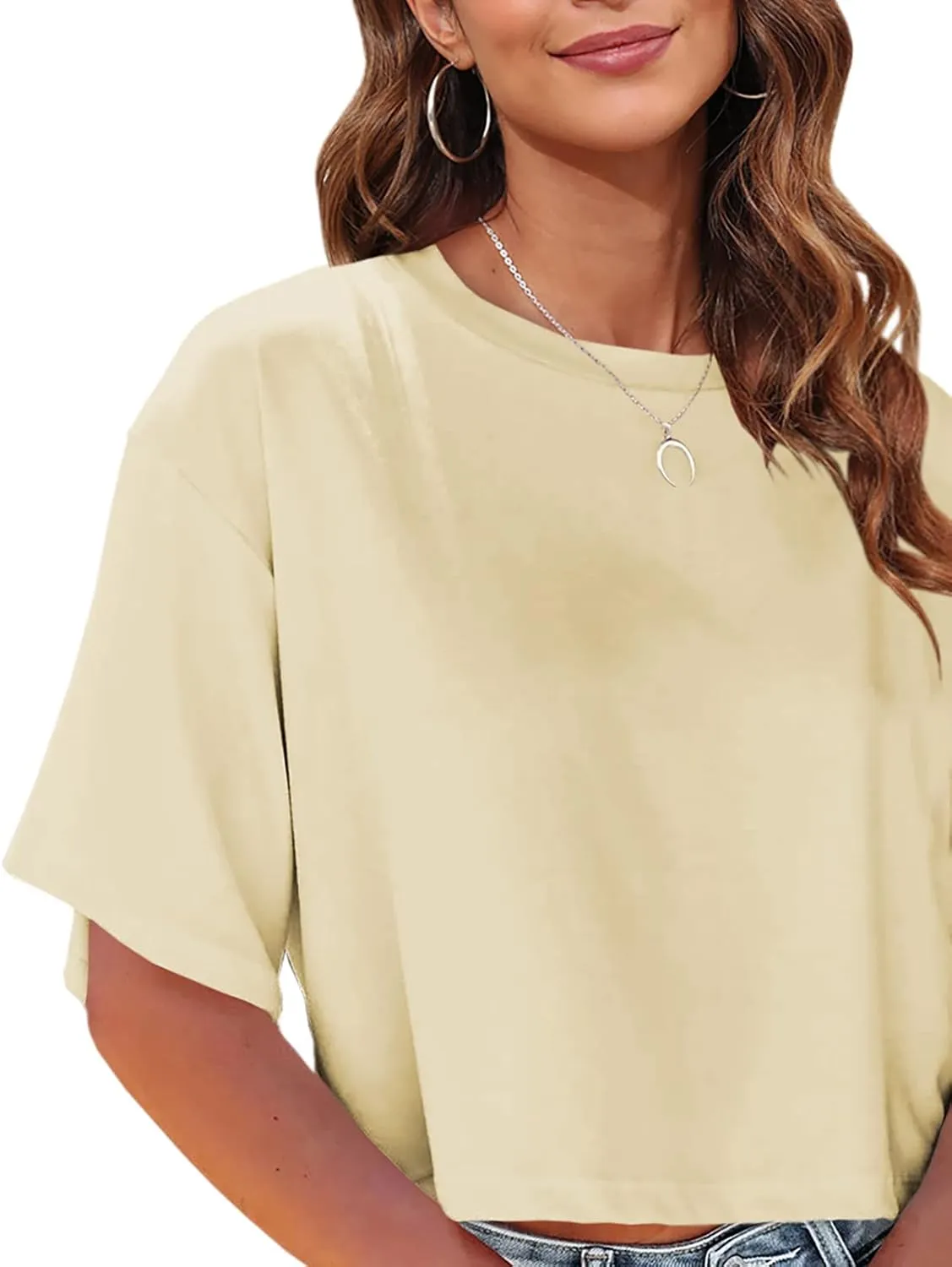 Tankaneo Women Half Sleeve Cropped T-Shirts Drop Shoulder Round Neck Crop Tops Casual Summer Solid Color Basic Tees